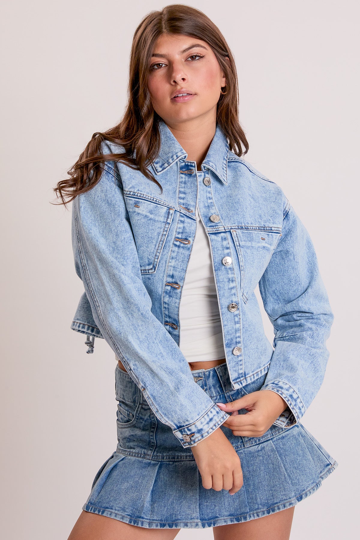 Women's Cropped Lace Up Back Denim Jacket from YMI JEANS