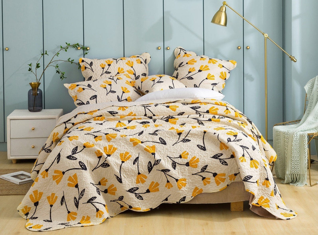 DaDa Bed in a Bag Bundle Set - Yellow Fleur Botanical Ivory Tan Floral Bedding Set (18112) from DaDalogy Bedding Collection