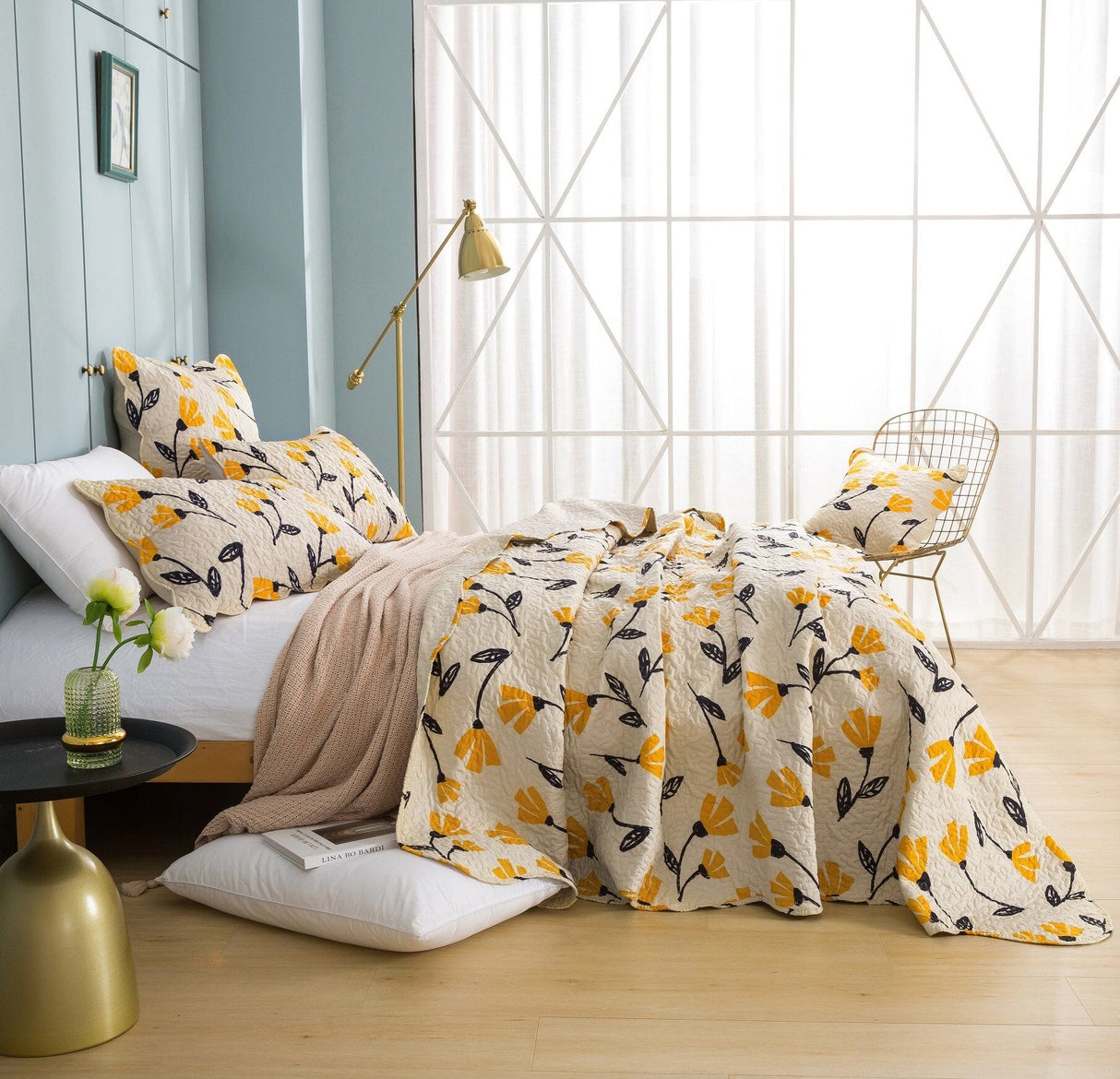 DaDa Bedding Yellow Fleur Floral Golden Orange Ivory Cream Scalloped Bedspread Set (18112) from DaDalogy Bedding Collection