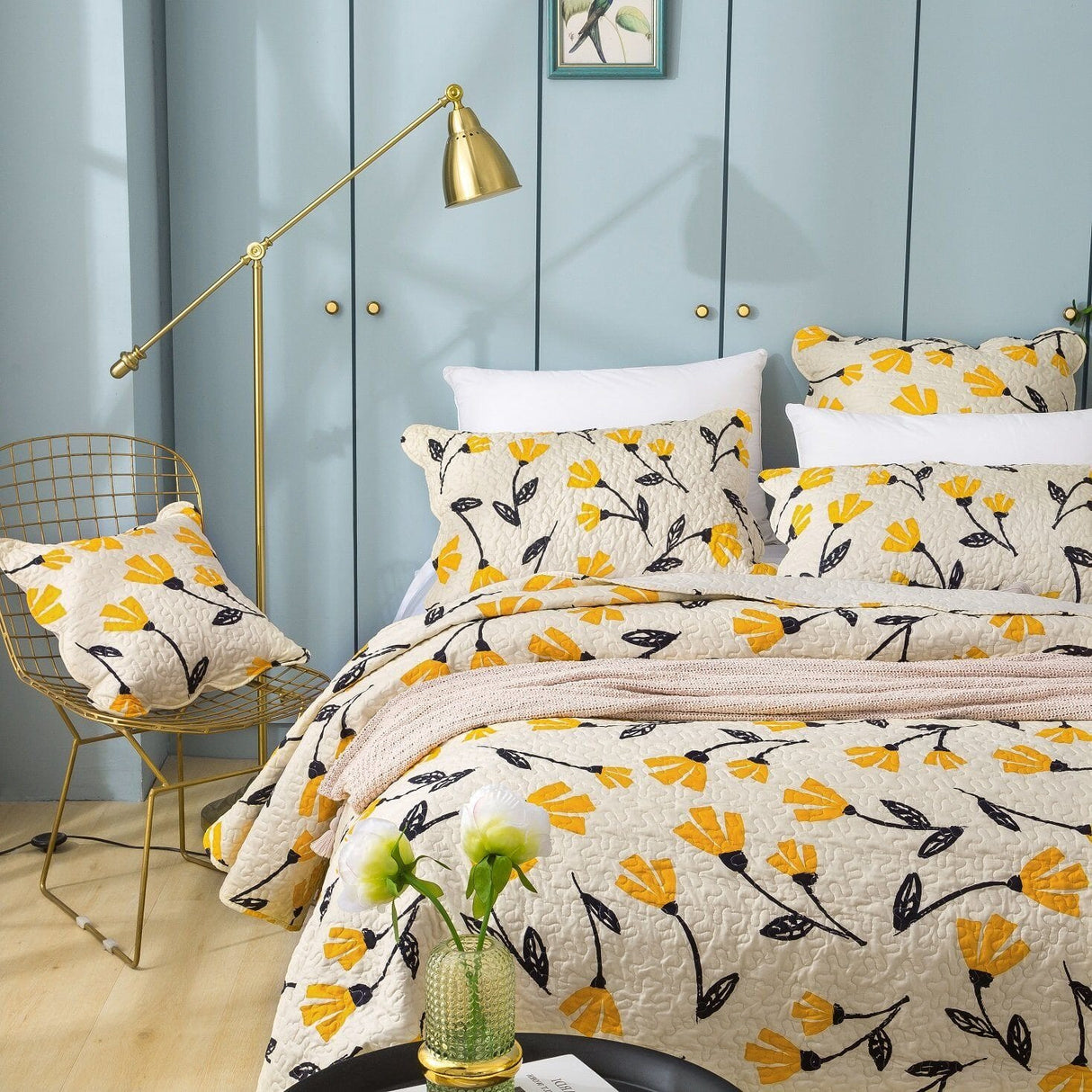 DaDa Bedding Yellow Fleur Floral Golden Orange Ivory Cream Scalloped Bedspread Set (18112) from DaDalogy Bedding Collection
