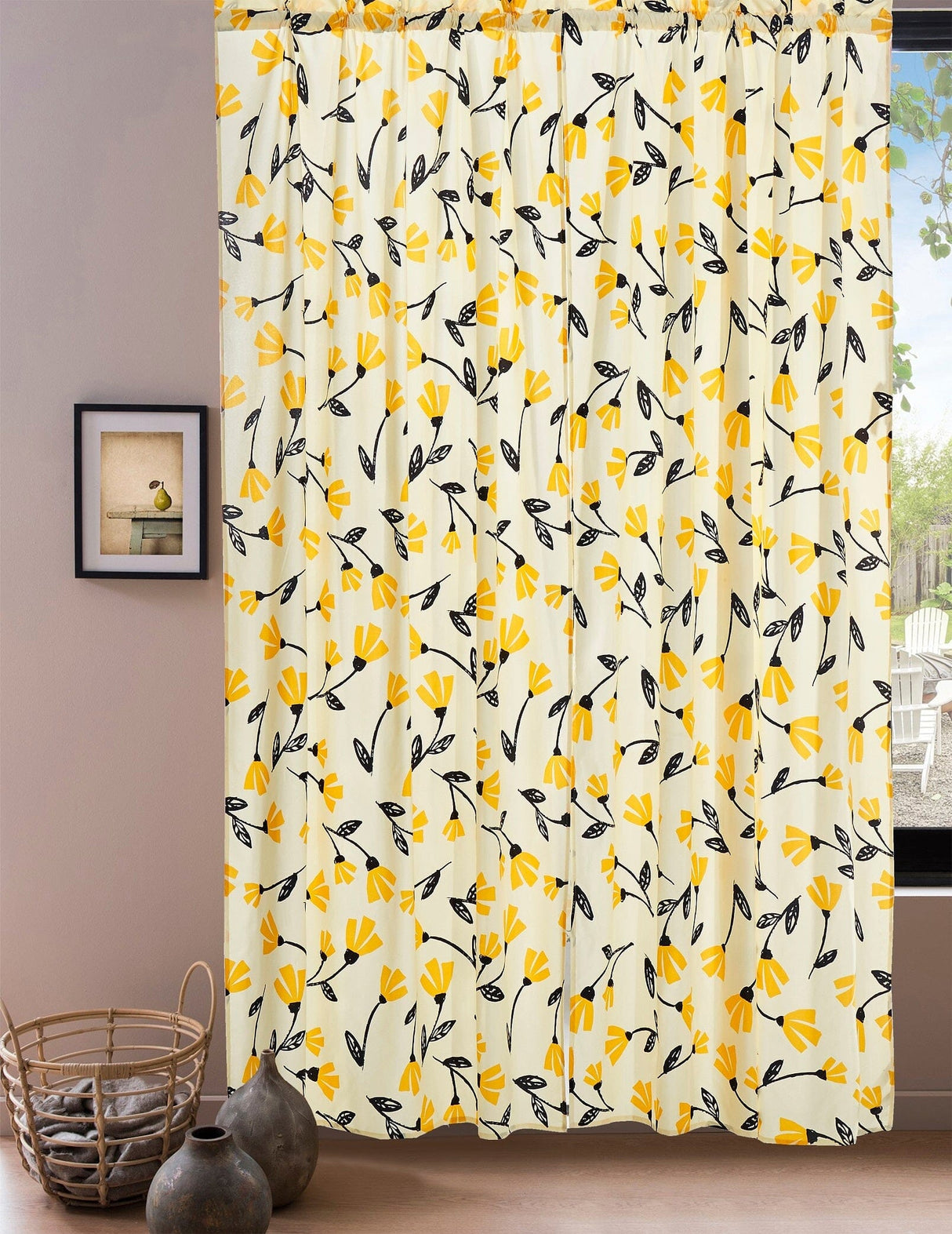 DaDa Bedding Set of 2 Botanical Floral Window Curtain Panels - Natural Semi Sheer Yellow Fleur Golden Orange Spring Time Tulips Straight Tailored Edge from DaDalogy Bedding Collection