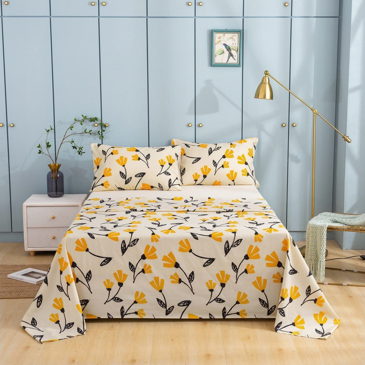 DaDa Bed in a Bag Bundle Set - Yellow Fleur Botanical Ivory Tan Floral Bedding Set (18112) from DaDalogy Bedding Collection
