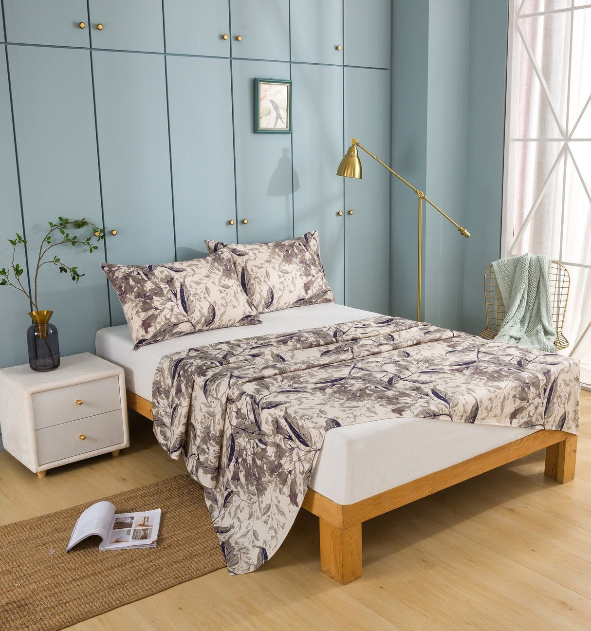 Tache Microfiber Abstract Wispy Leaf Taupe Grey Fitted Sheet / Flat Sheet (JHW-843)