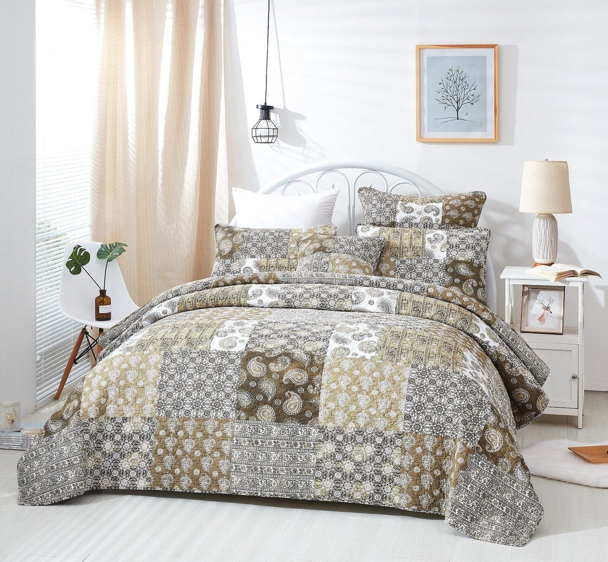 DaDalogy Bedding Bed in a Bag Bundle Set - Bohemian Paisley Dreams Floral Olive Brown Patchwork Bedspread Set (JHW885) from DaDalogy Bedding Collection