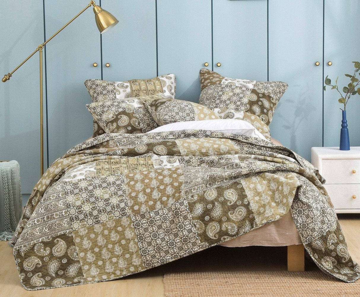 DaDalogy Bedding Bed in a Bag Bundle Set - Bohemian Paisley Dreams Floral Olive Brown Patchwork Bedspread Set (JHW885) from DaDalogy Bedding Collection