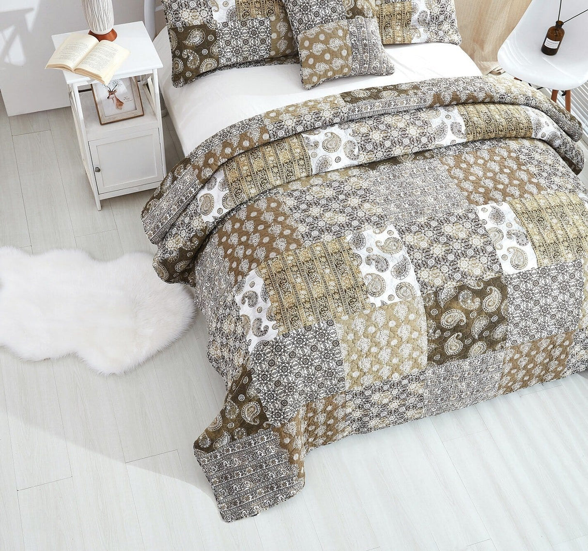 DaDalogy Bedding Bed in a Bag Bundle Set - Bohemian Paisley Dreams Floral Olive Brown Patchwork Bedspread Set (JHW885) from DaDalogy Bedding Collection