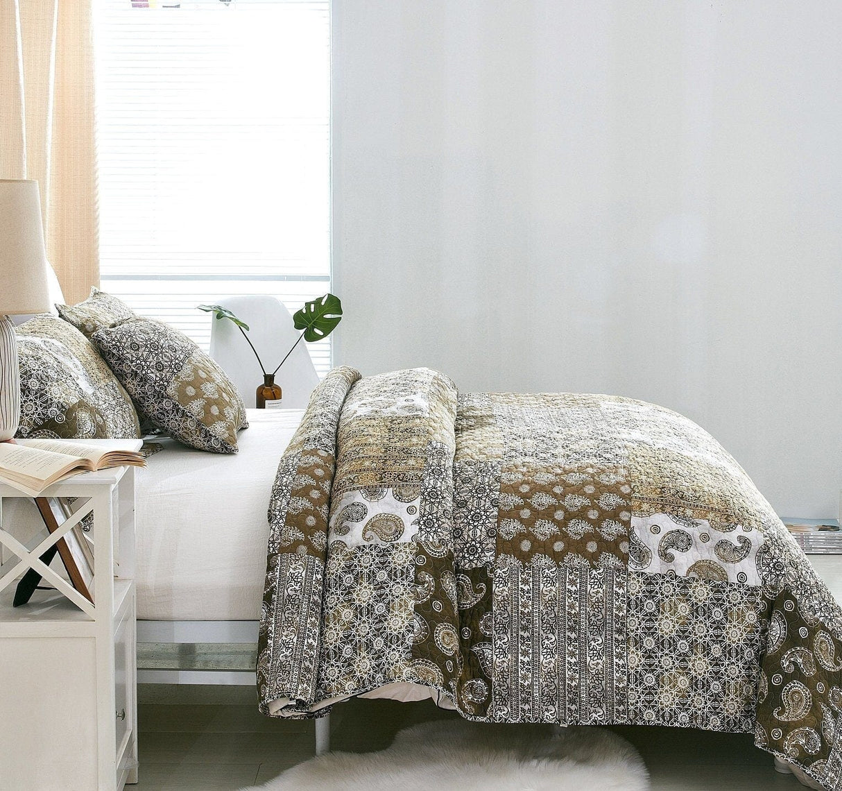 DaDalogy Bedding Bed in a Bag Bundle Set - Bohemian Paisley Dreams Floral Olive Brown Patchwork Bedspread Set (JHW885) from DaDalogy Bedding Collection