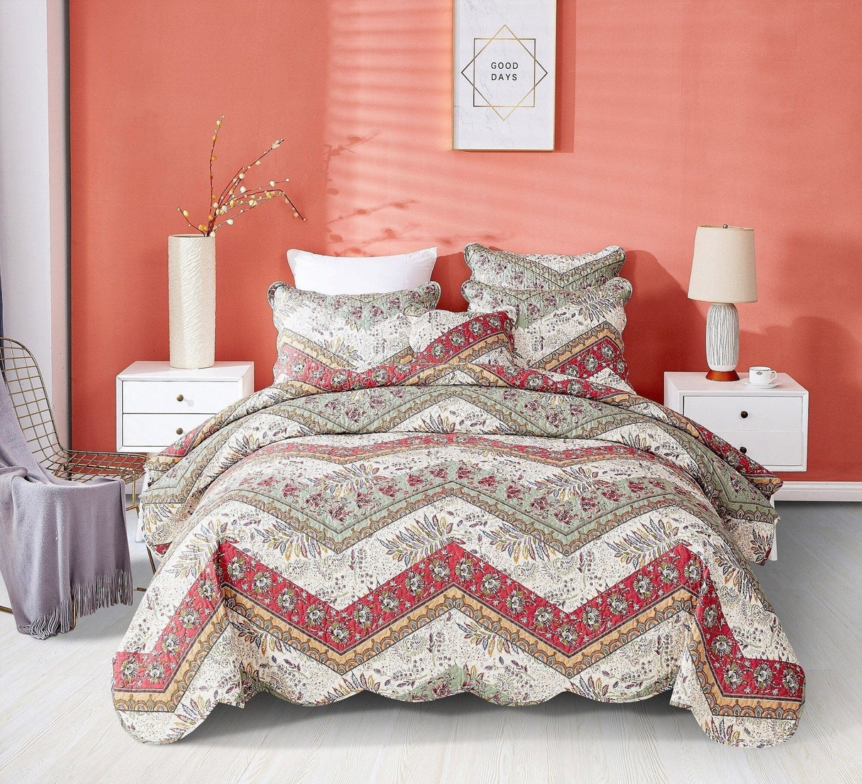 DaDa Bedding Rustic Bohemian Cranberry Sage Chevron Floral Bedspread Set (JHW-924) from DaDalogy Bedding Collection