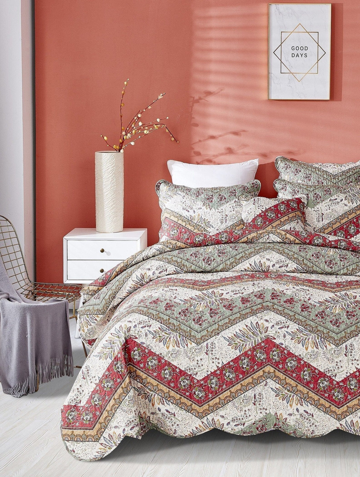 DaDa Bedding Rustic Bohemian Cranberry Sage Chevron Floral Bedspread Set (JHW-924) from DaDalogy Bedding Collection