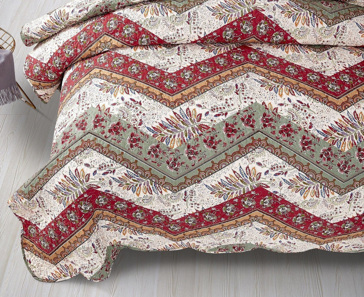 DaDa Bedding Rustic Bohemian Cranberry Sage Chevron Floral Bedspread Set (JHW-924) from DaDalogy Bedding Collection
