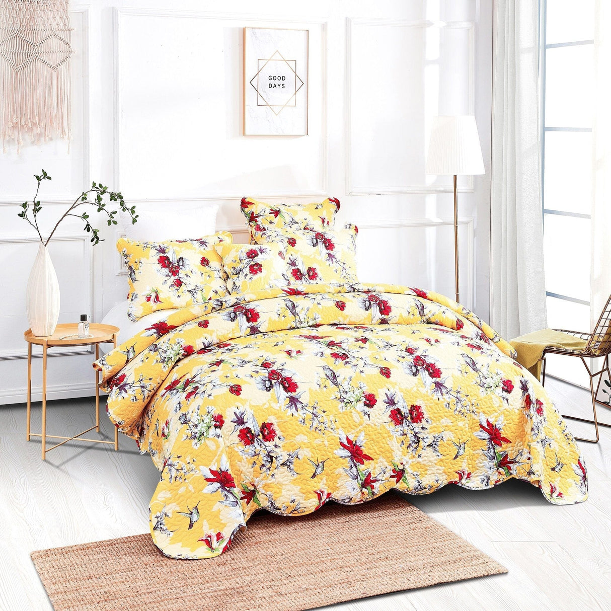 DaDa Bedding Bed in a Bag Bundle Set - Radiant Sunshine Yellow Hummingbirds Floral Bedding Set (JHW-925) from DaDalogy Bedding Collection