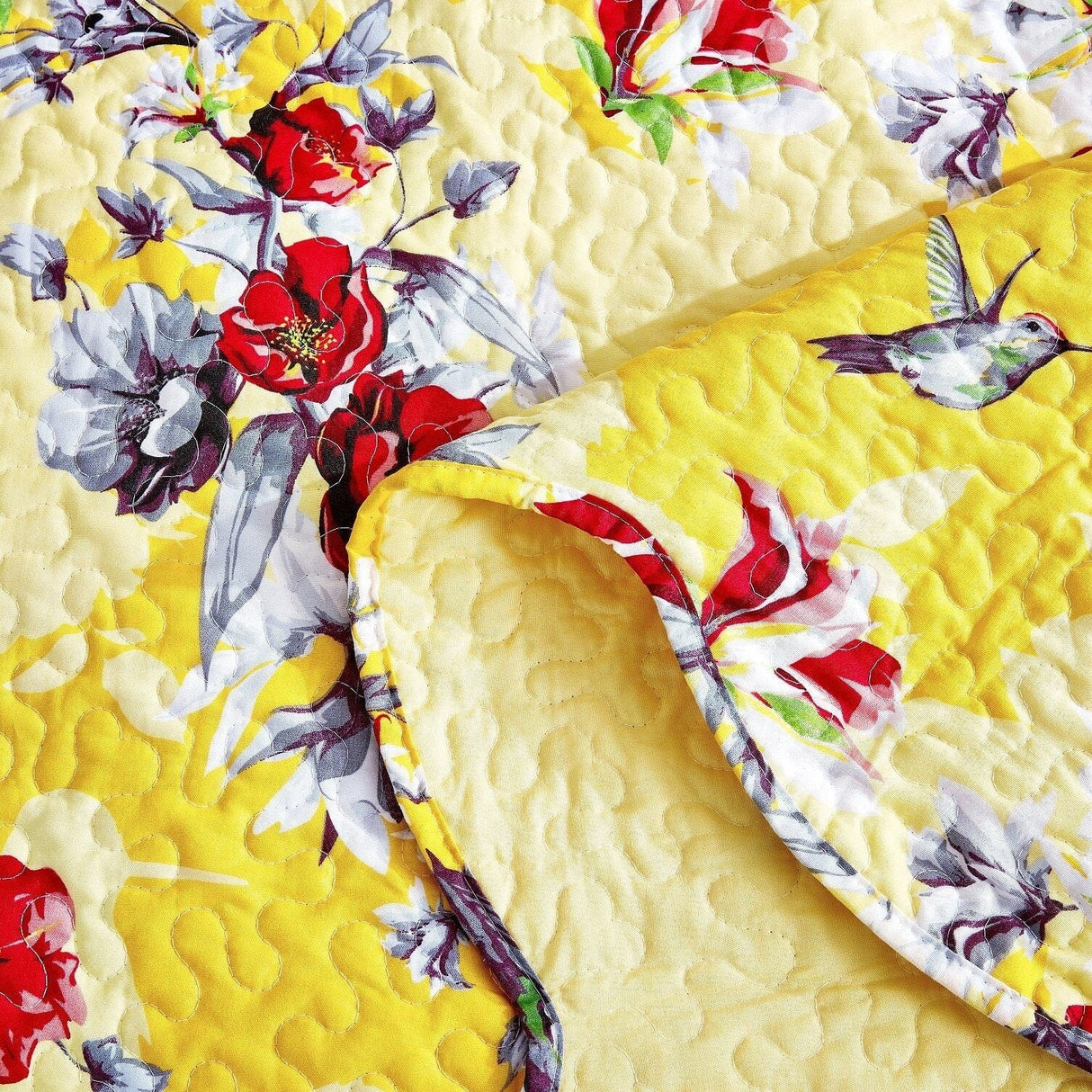 DaDa Bedding Bed in a Bag Bundle Set - Radiant Sunshine Yellow Hummingbirds Floral Bedding Set (JHW-925) from DaDalogy Bedding Collection