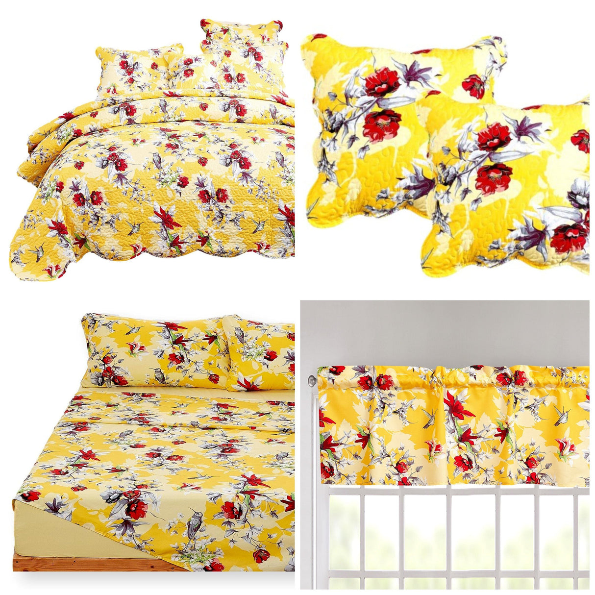 DaDa Bedding Bed in a Bag Bundle Set - Radiant Sunshine Yellow Hummingbirds Floral Bedding Set (JHW-925) from DaDalogy Bedding Collection