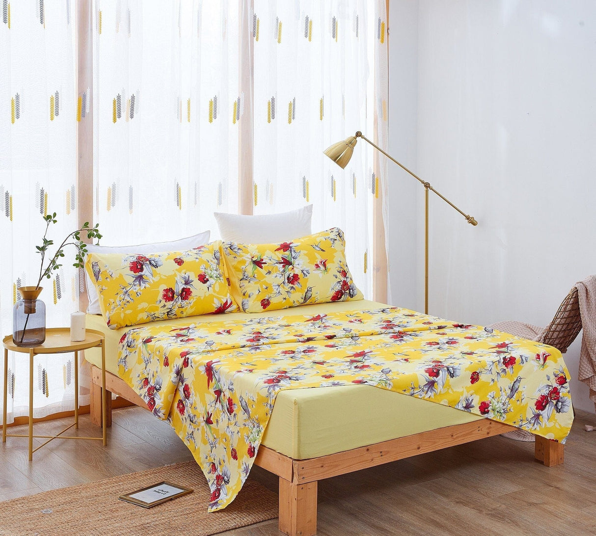 DaDa Bedding Bed in a Bag Bundle Set - Radiant Sunshine Yellow Hummingbirds Floral Bedding Set (JHW-925) from DaDalogy Bedding Collection