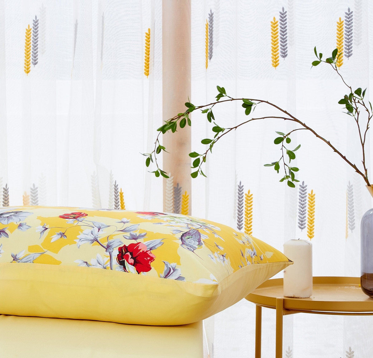 DaDa Bedding Bed in a Bag Bundle Set - Radiant Sunshine Yellow Hummingbirds Floral Bedding Set (JHW-925) from DaDalogy Bedding Collection