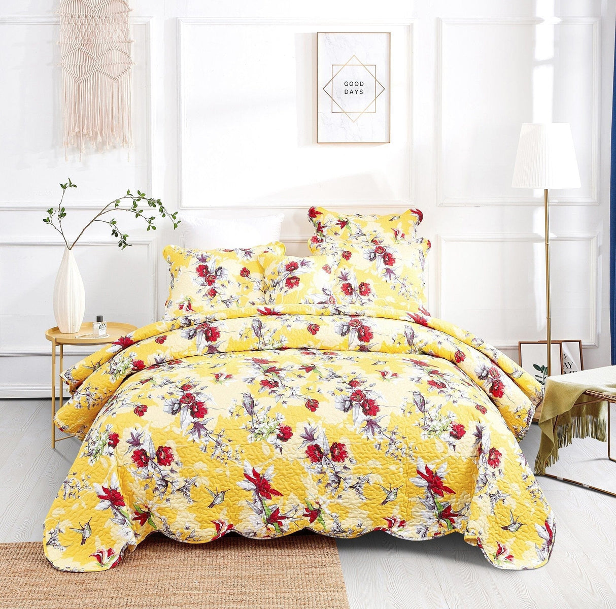 DaDa Bedding Radiant Sunshine Yellow Hummingbirds Floral Scalloped Bedspread Set (JHW-925) from DaDalogy Bedding Collection