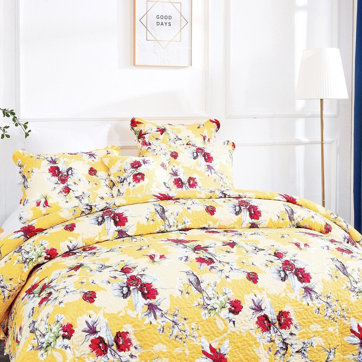 DaDa Bedding Radiant Sunshine Yellow Hummingbirds Floral Scalloped Bedspread Set (JHW-925) from DaDalogy Bedding Collection