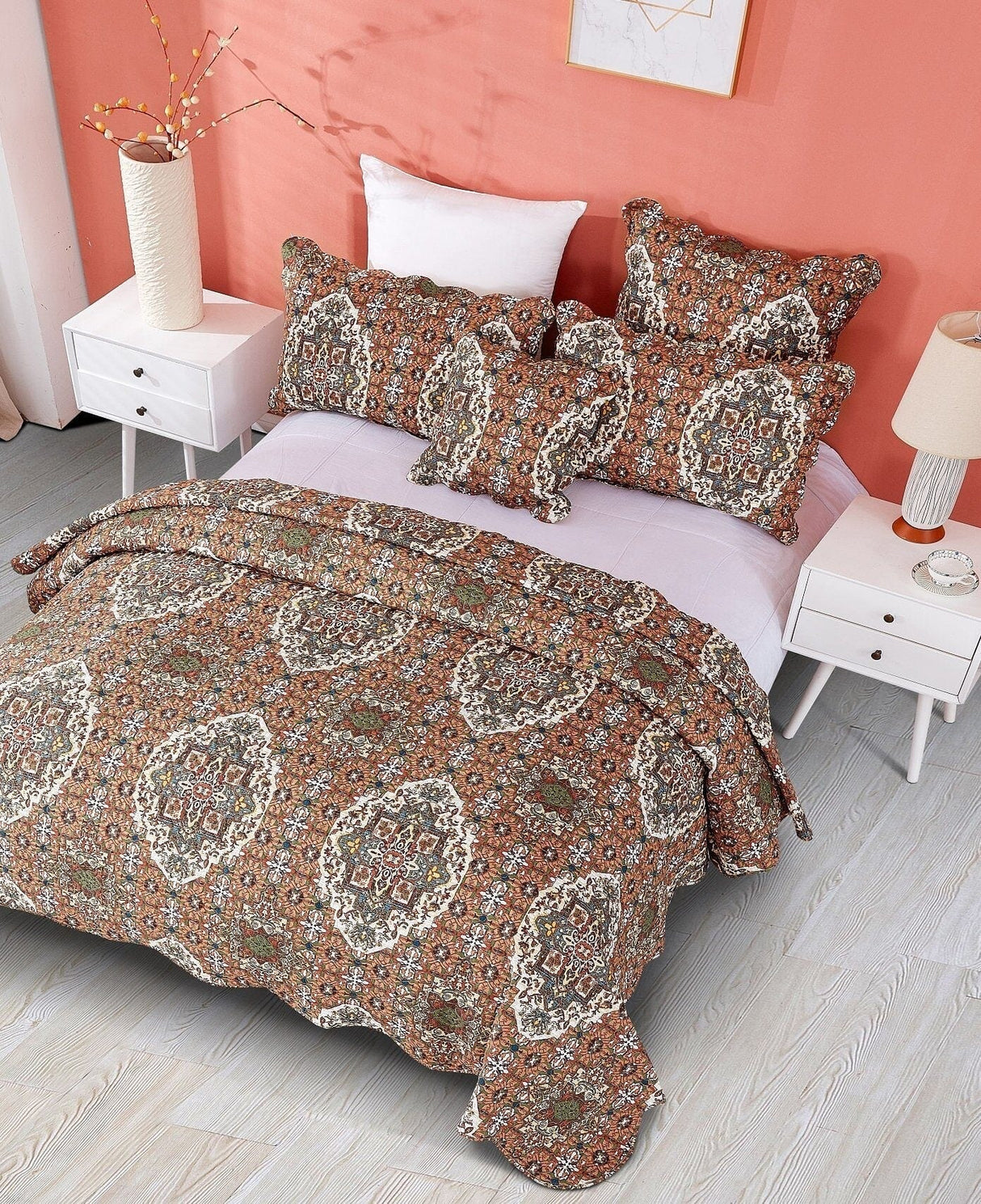 DaDa Bedding Rustic Earthy Cross Motif Folk Ogee Moroccan Scalloped Quilted Bedspread Set (JHW-944) from DaDalogy Bedding Collection