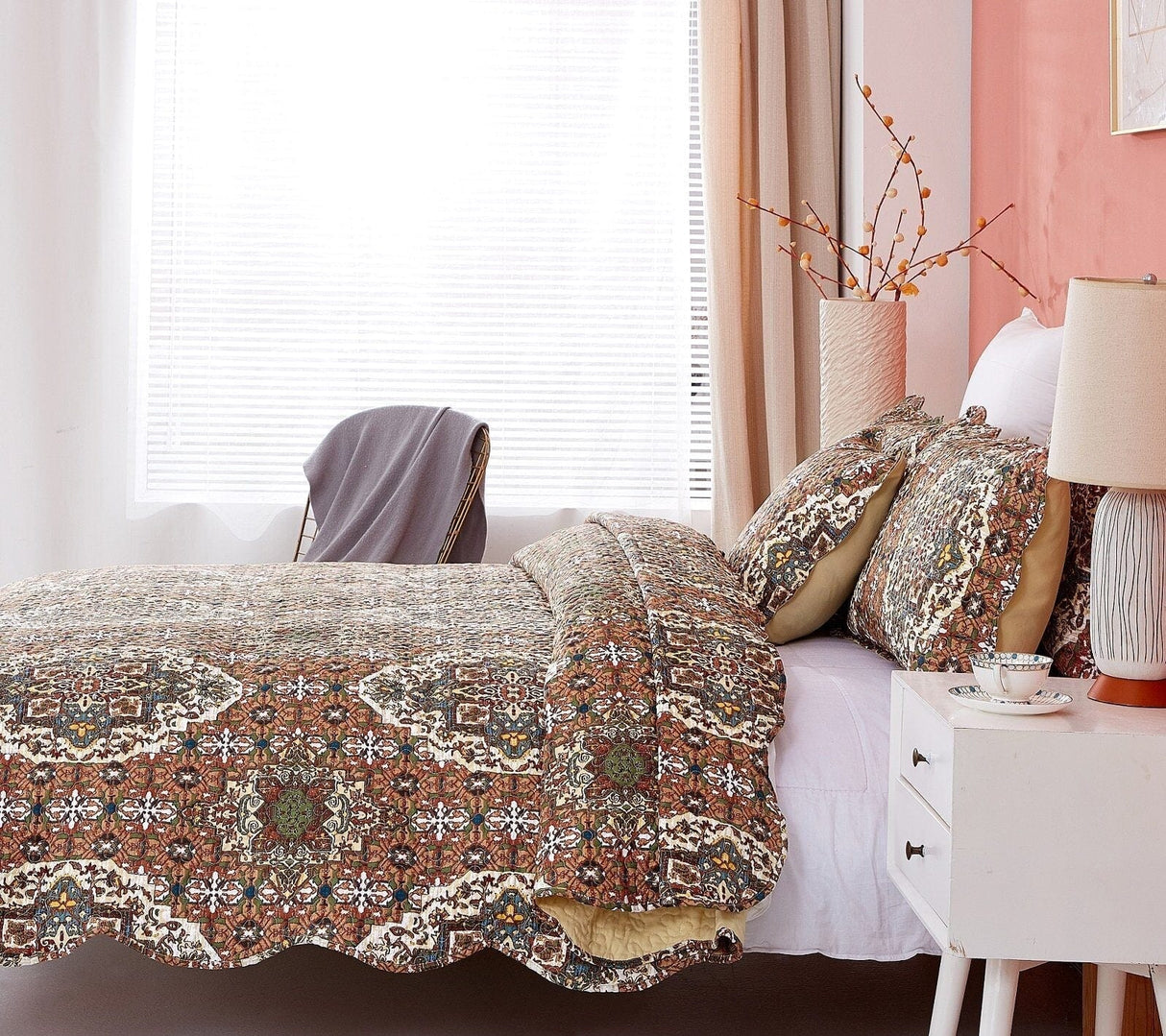 DaDa Bedding Rustic Earthy Cross Motif Folk Ogee Moroccan Scalloped Quilted Bedspread Set (JHW-944) from DaDalogy Bedding Collection