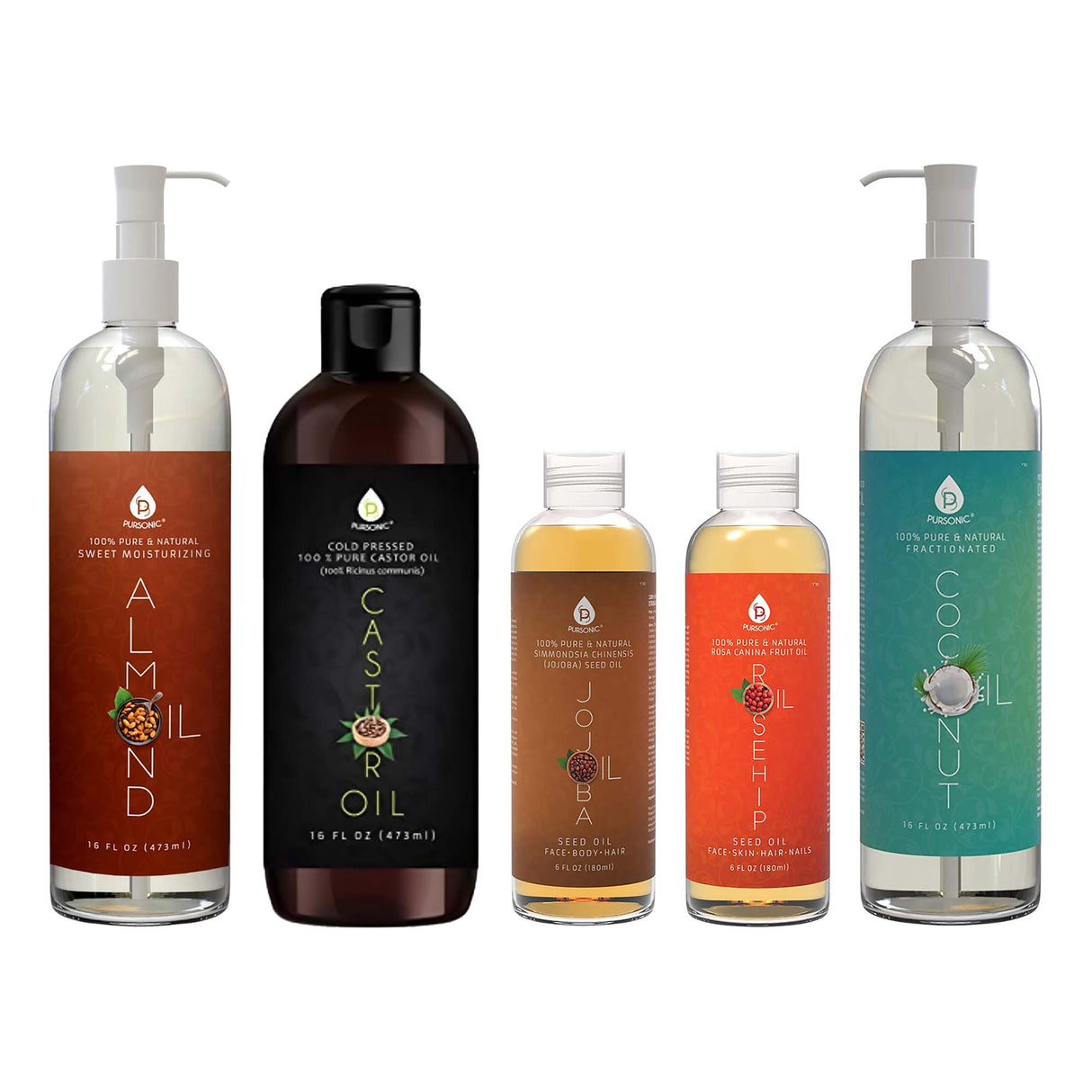 Pursonic Essential Oils & Skin Care Mega Bundle – 100% Pure Golden Jojoba Oil, Rosehip Oil, Sweet Almond Oil, Fractionated Coconut Oil, and Castor Oil from Pursonic