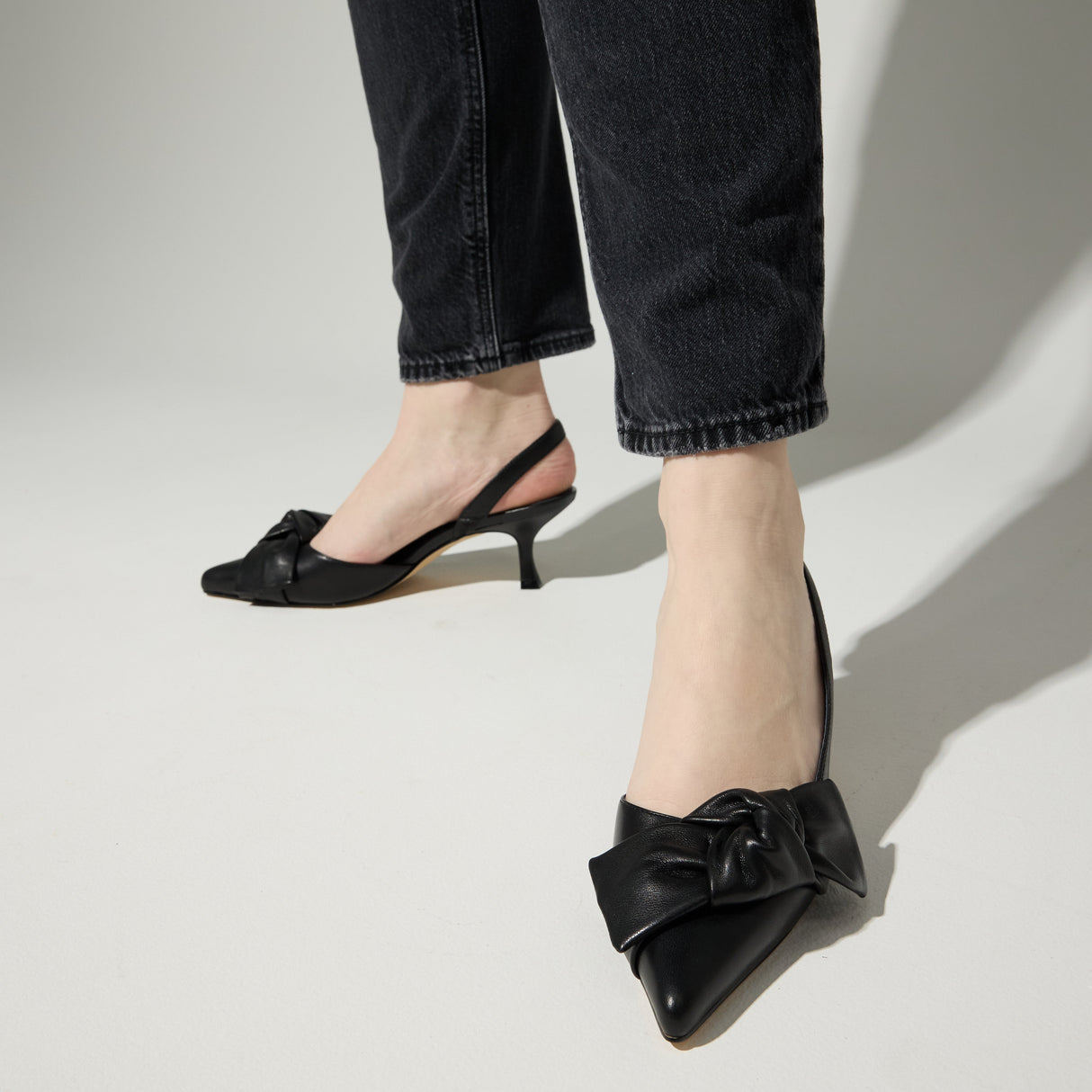 Kaleigh Bow Heel in Black Leather from Yosi Samra