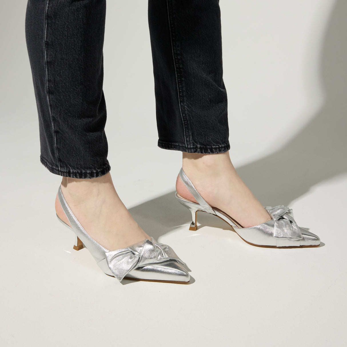Kaleigh Bow Heel in Silver Leather from Yosi Samra