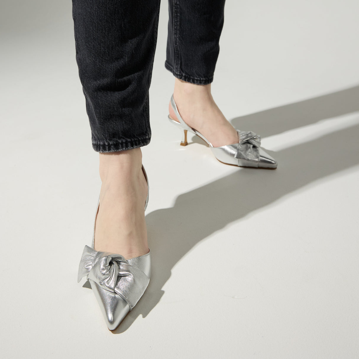 Kaleigh Bow Heel in Silver Leather from Yosi Samra