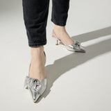 Kaleigh Bow Heel in Silver Leather from Yosi Samra