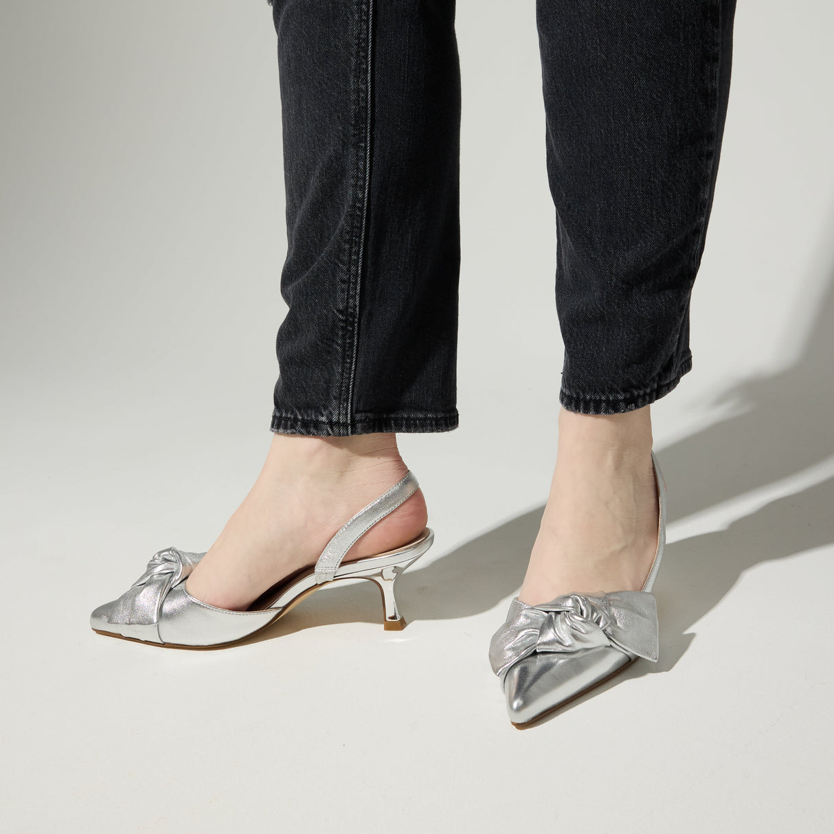 Kaleigh Bow Heel in Silver Leather from Yosi Samra