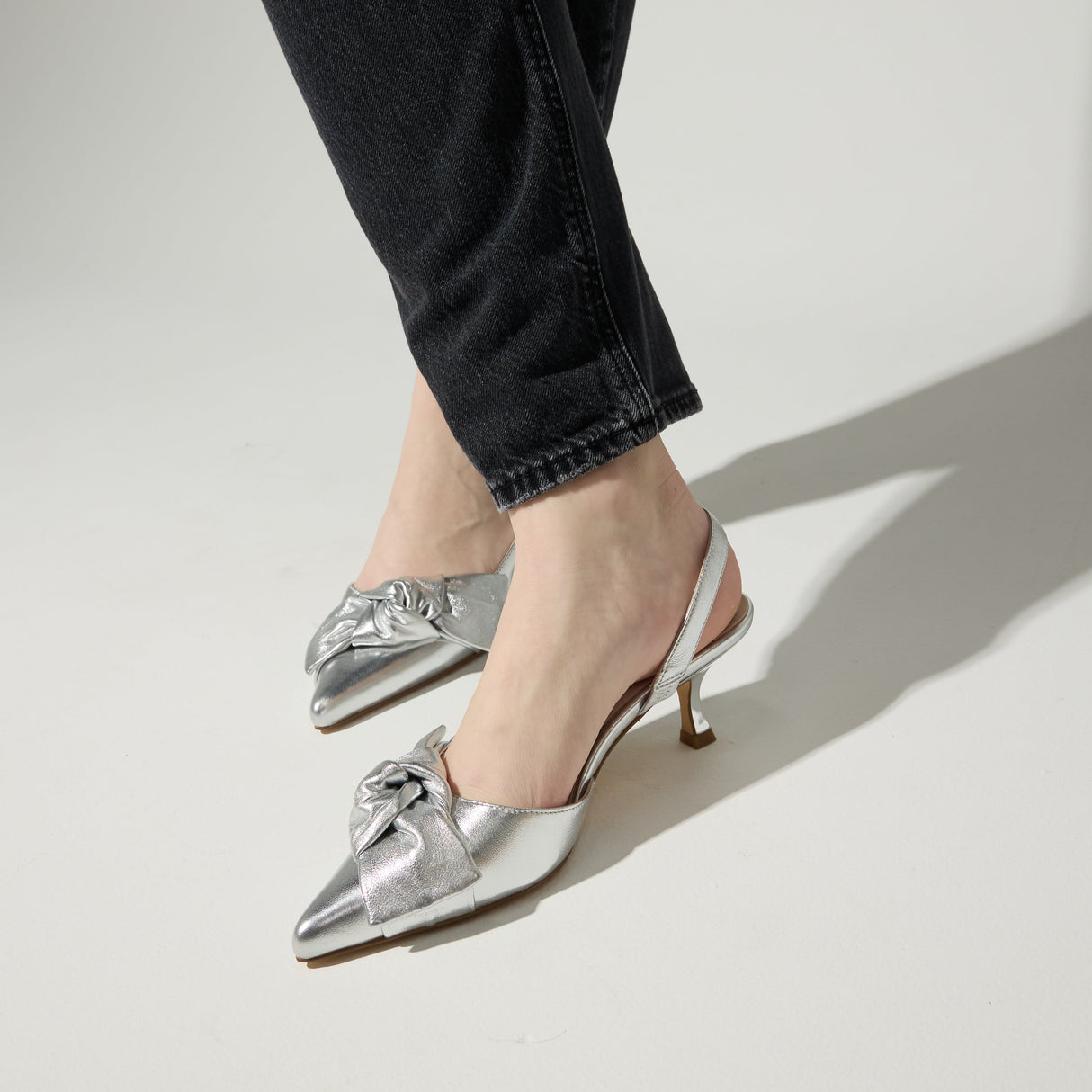 Kaleigh Bow Heel in Silver Leather from Yosi Samra