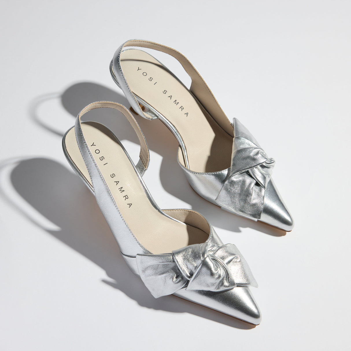 Kaleigh Bow Heel in Silver Leather from Yosi Samra