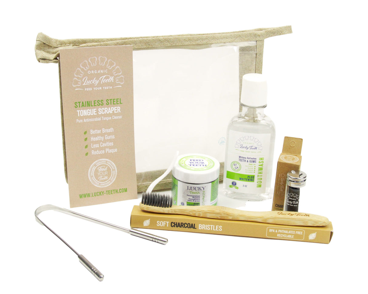 Lucky Teeth Oral Care Travel Kit Essentials in a Hemp Bag- Organic Toothpaste, Peroxide Mouthwash Floss, Tongue Scraper, Toothbrush From Lucky Teeth
