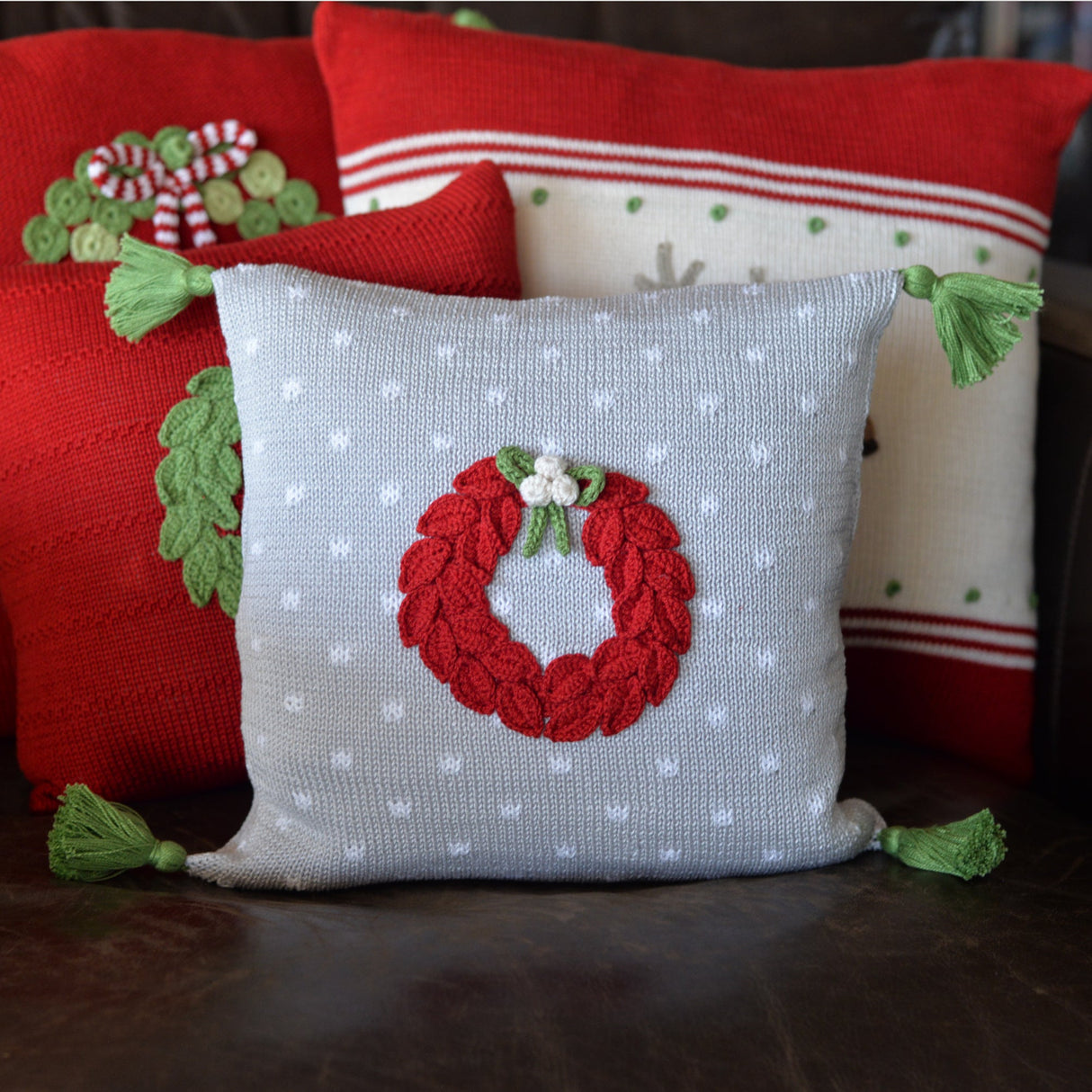 10" Red Wreath Pillow, Grey from Melange Collection