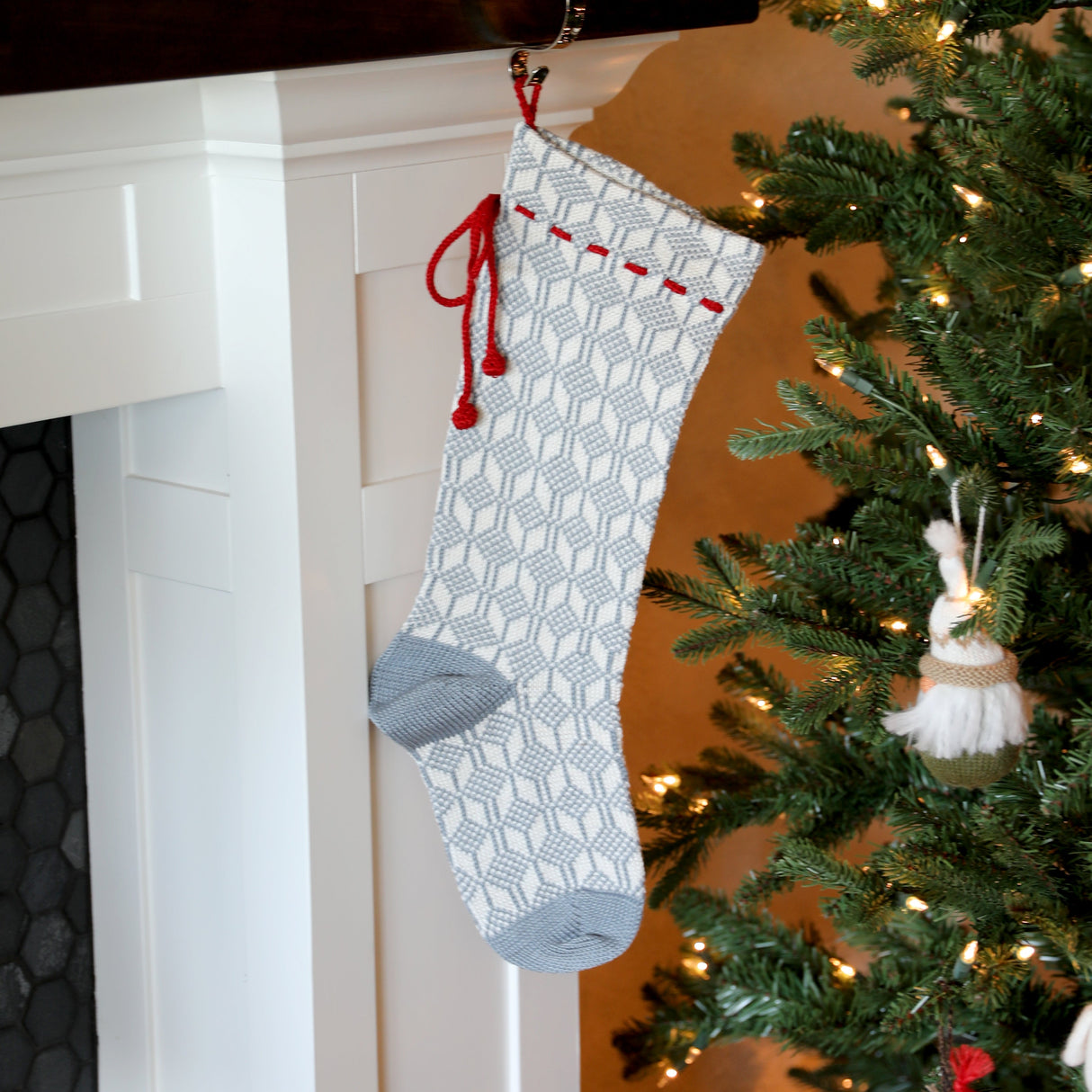 Grey Patterned Stocking with Red Bow from Melange Collection