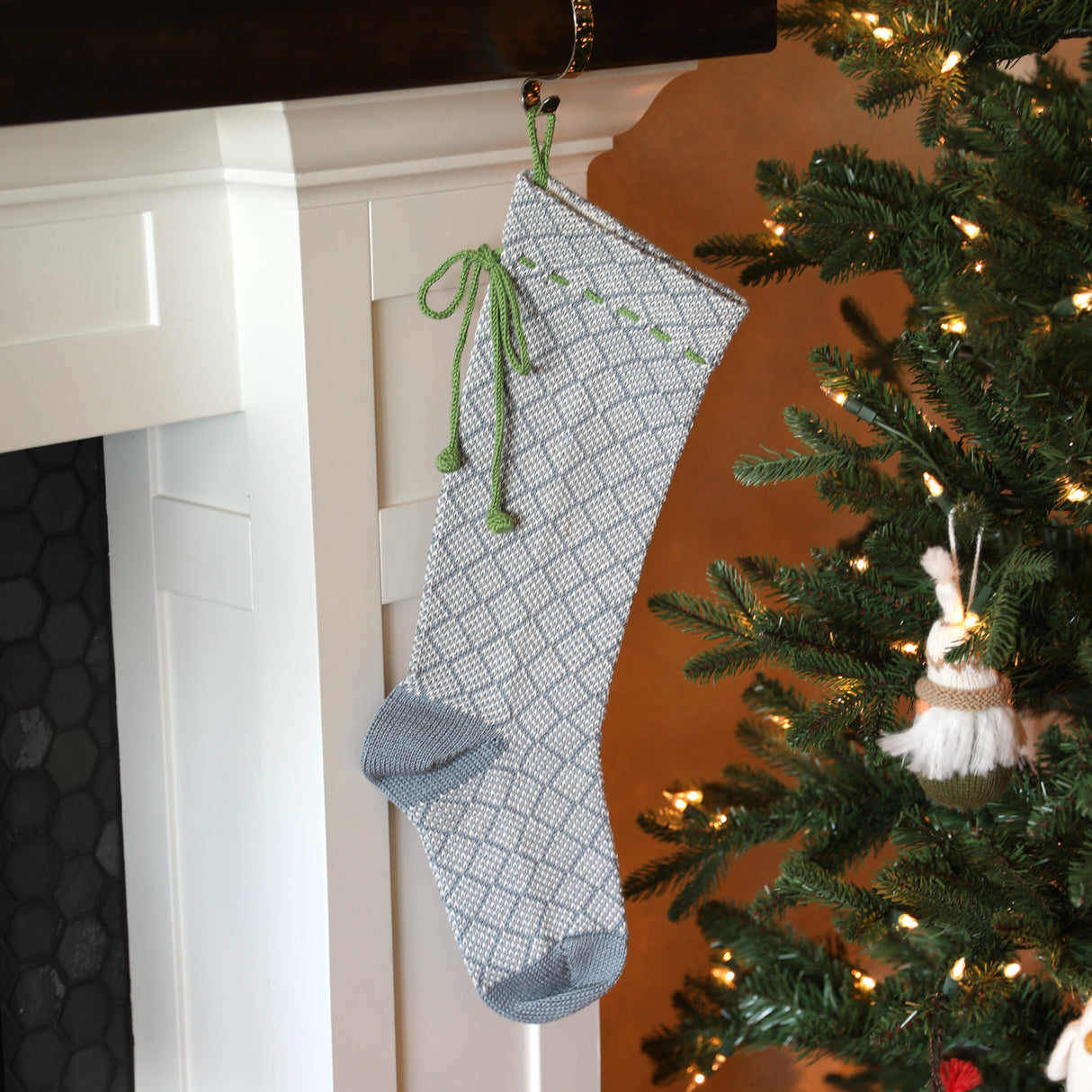 Grey Patterned Stocking with Green Bow from Melange Collection