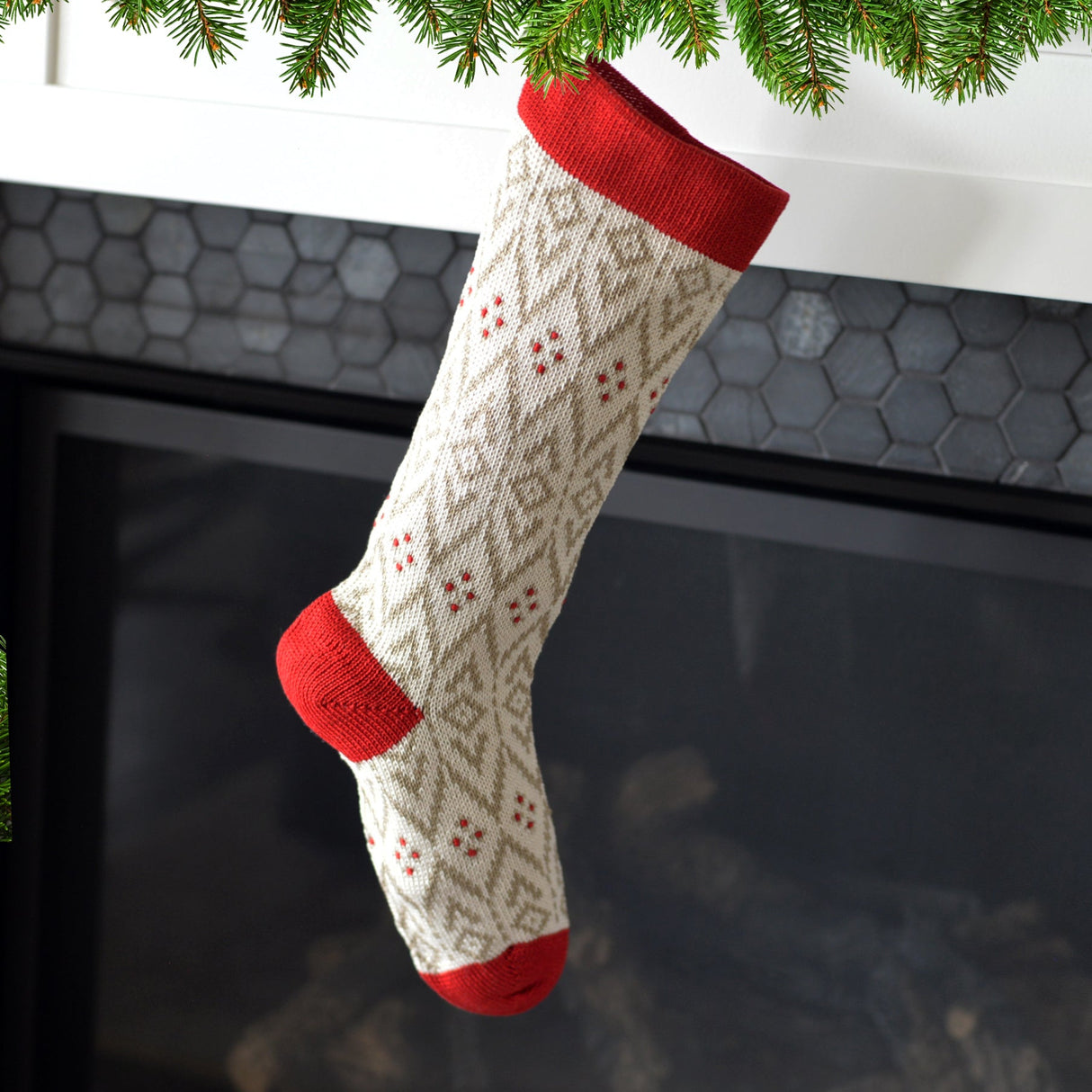 Ecru Patterned Stocking with Red Details from Melange Collection