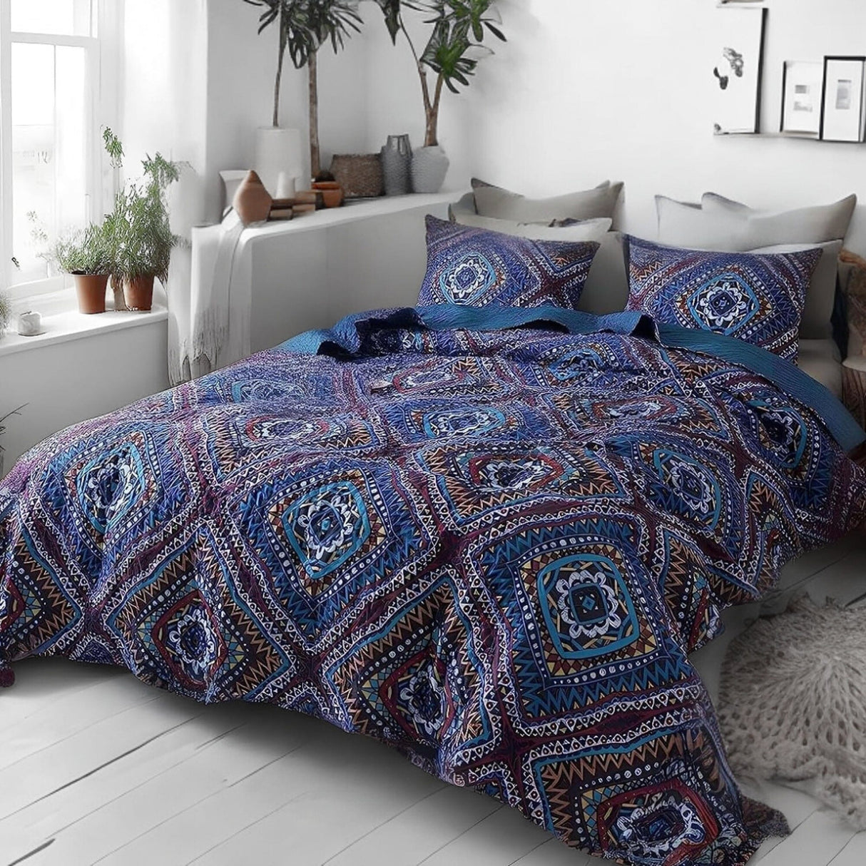DaDa Bedding Farmhouse Bohemian Native Rustic Navy Blue Geometric Diamond Shapes Bedspread Set (KSX-001) from DaDalogy Bedding Collection