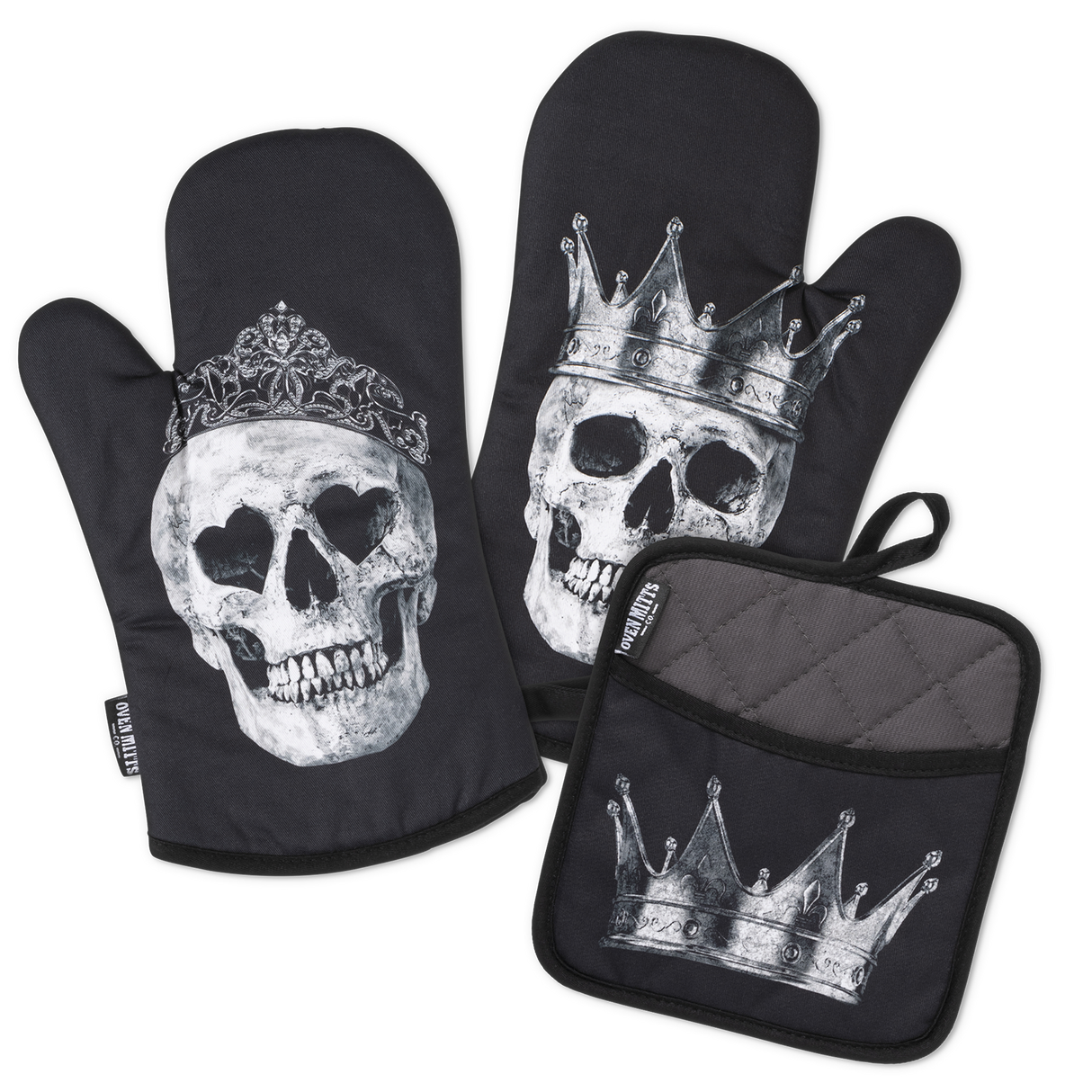 King & Queen Black Skull Oven Mitts And Potholder Set From Zapps Clothing