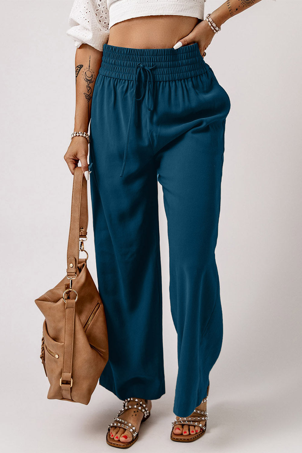 Kenzie Drawstring Elastic Waist Casual Wide Leg Pants From Threaded Pear