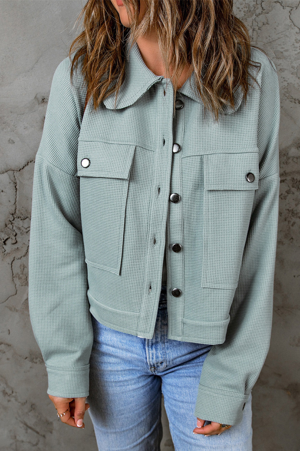 Amaris Waffle Knit Buttons Cropped Jacket from Threaded Pear