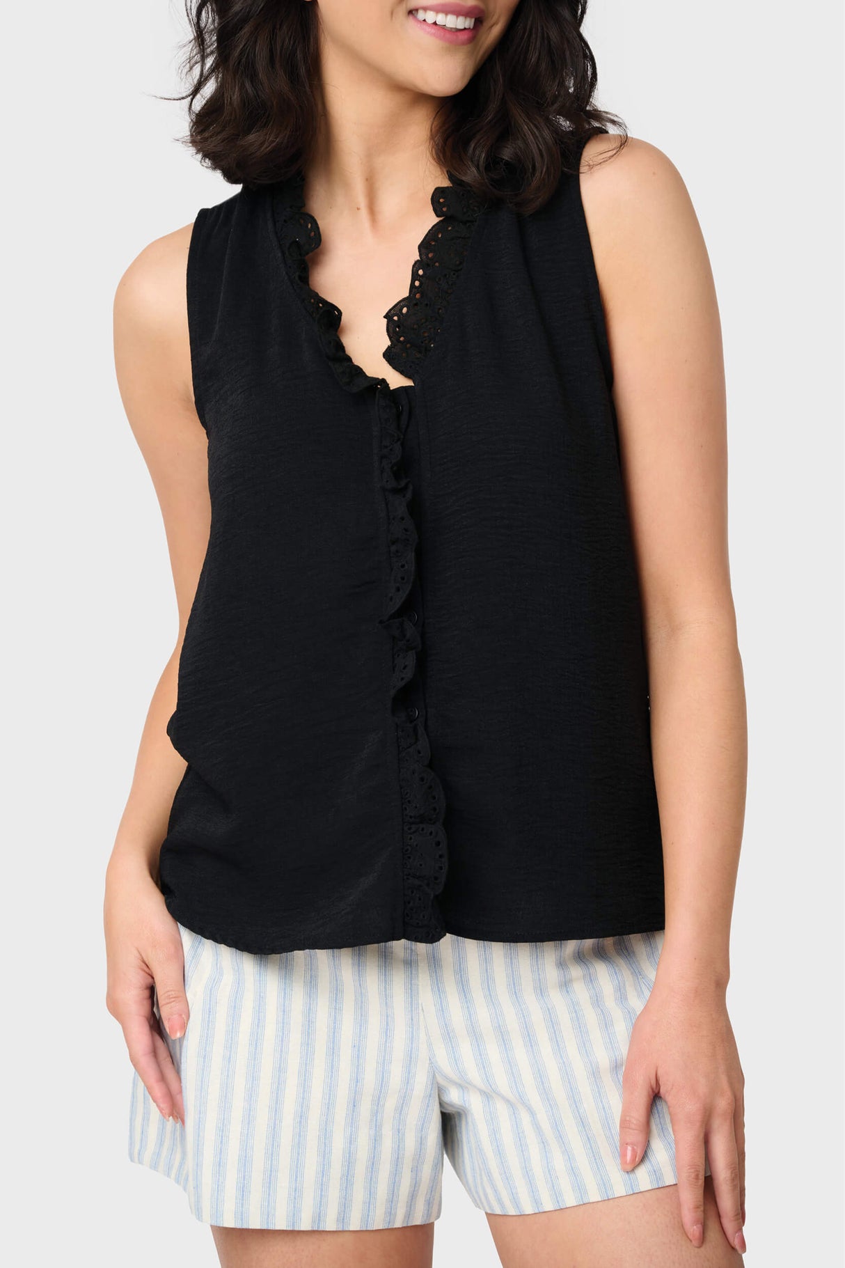 Crochet Ruffle Placket Button Front Blouse from Gibsonlook