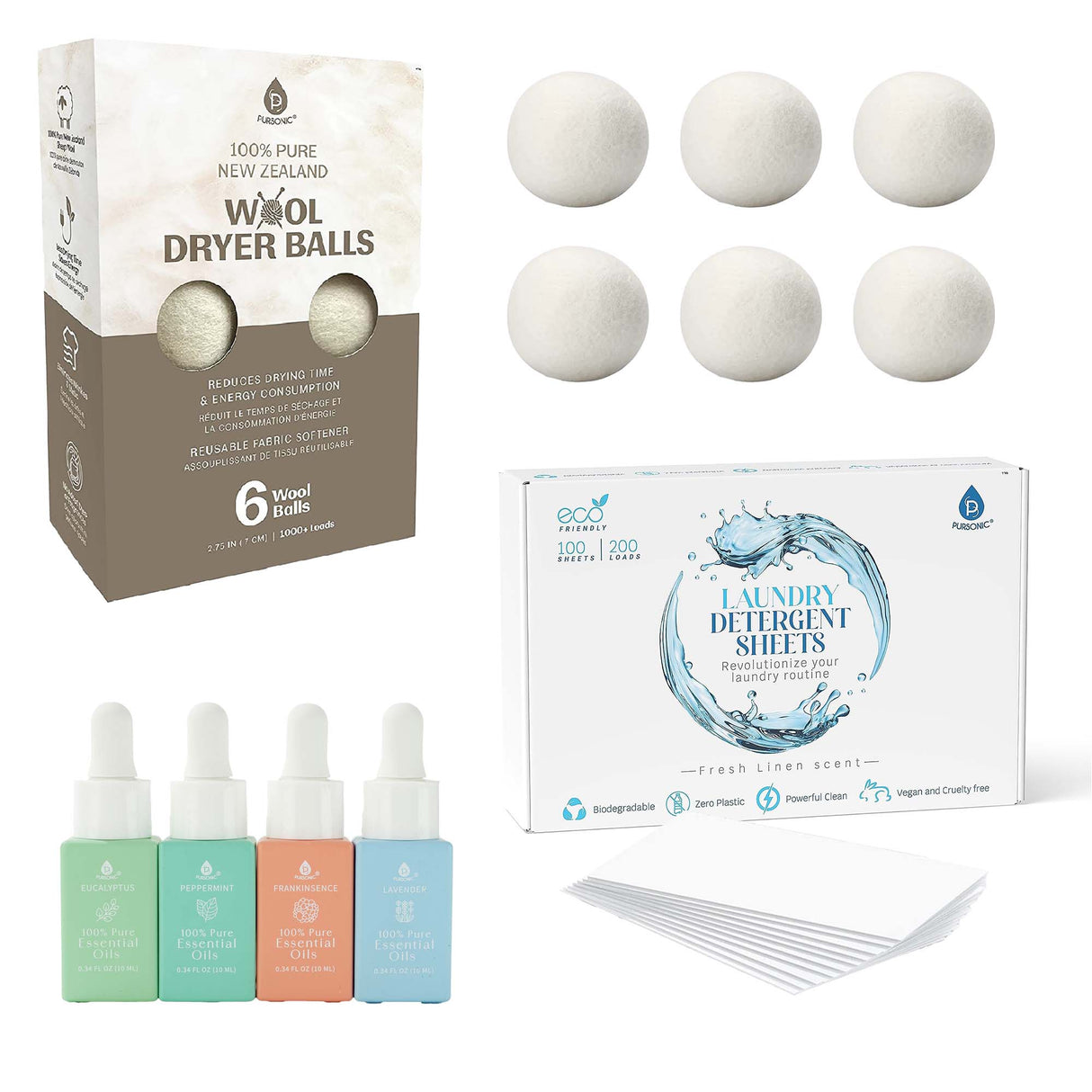 Eco-Friendly Laundry & Wellness Bundle – Detergent Sheets, Wool Dryer Balls, and Essential Oils from Pursonic