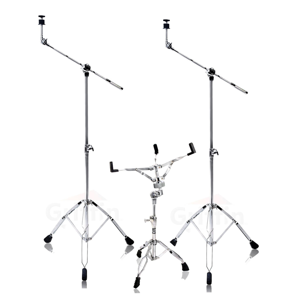 3 PACK - Cymbal Stand With Boom Arm & Snare Drum Stand Kit by GRIFFIN | Percussion Chrome Gear Hardware Set with Double Braced Legs | Counterweight Adapter for Mounting Crash, Ride, Splash Cymbals from GeekStands.com