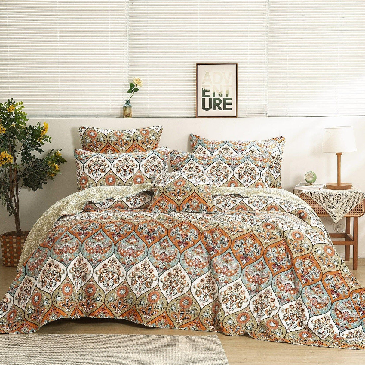 DaDa Bedding Bohemian Floral Paisley Garden Coral Teal Quilted Bedspread Set (LH1403) from DaDalogy Bedding Collection