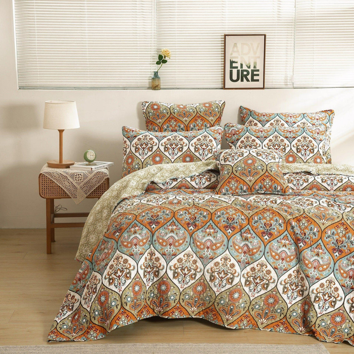 DaDa Bedding Bohemian Floral Paisley Garden Coral Teal Quilted Bedspread Set (LH1403) from DaDalogy Bedding Collection