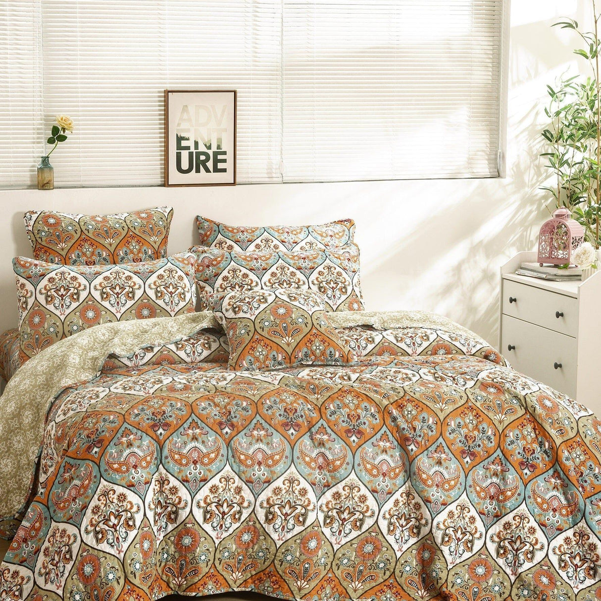 DaDa Bedding Bohemian Floral Paisley Garden Coral Teal Quilted Bedspread Set (LH1403) from DaDalogy Bedding Collection