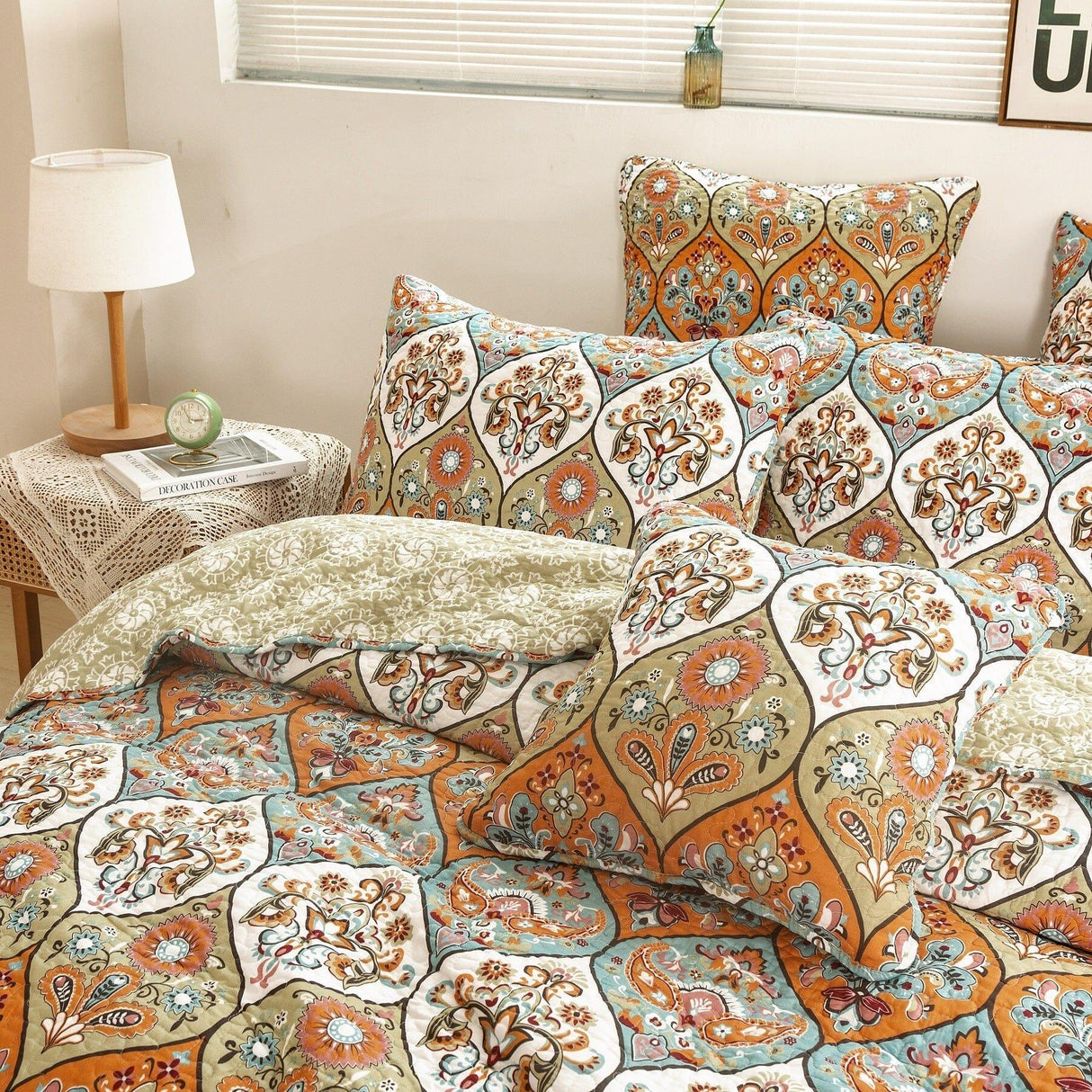 DaDa Bedding Bohemian Floral Paisley Garden Coral Teal Quilted Bedspread Set (LH1403) from DaDalogy Bedding Collection