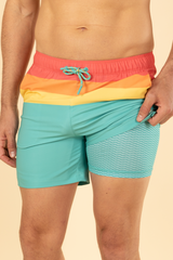 The Lifeguard | Green and Orange Retro Stripe Ball Hammock® Pouch 5" Swim Trunks from Shinesty