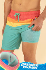 The Lifeguard | Green and Orange Retro Stripe Ball Hammock® Pouch 8" Swim Trunks from Shinesty