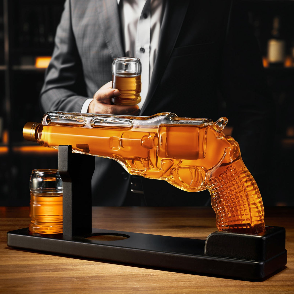 Whiskey Decanter Set 7.7 Oz with Two 1.6 Oz Shot Glasses | Pistol Gun Unique Birthday Gift Ideas For Son, Gifts for Men Dad, Home Bar Gifts, Drinking Accessories Funny Military Present Cool Dispenser from The Wine Savant